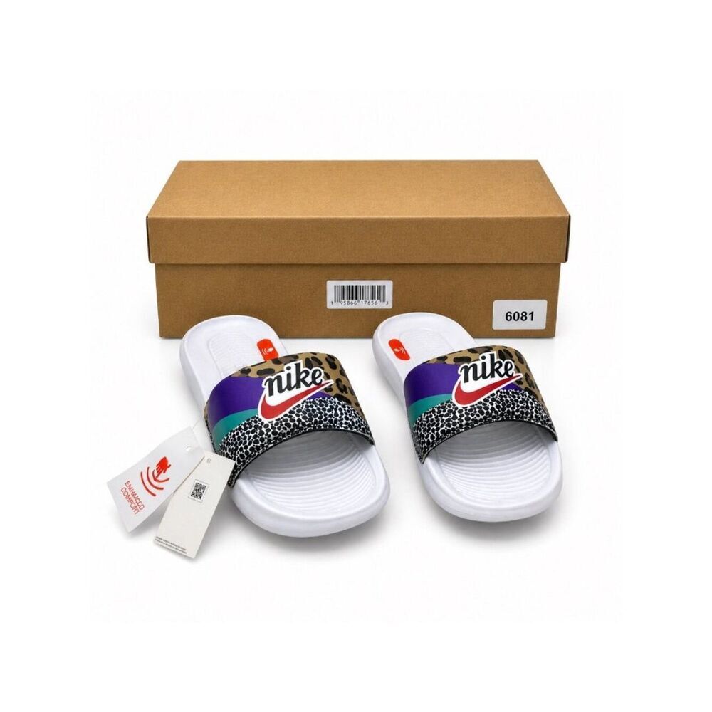 Nike Victori One Slide Print Women’s 7 White Multi Animal Print Sandals NIB